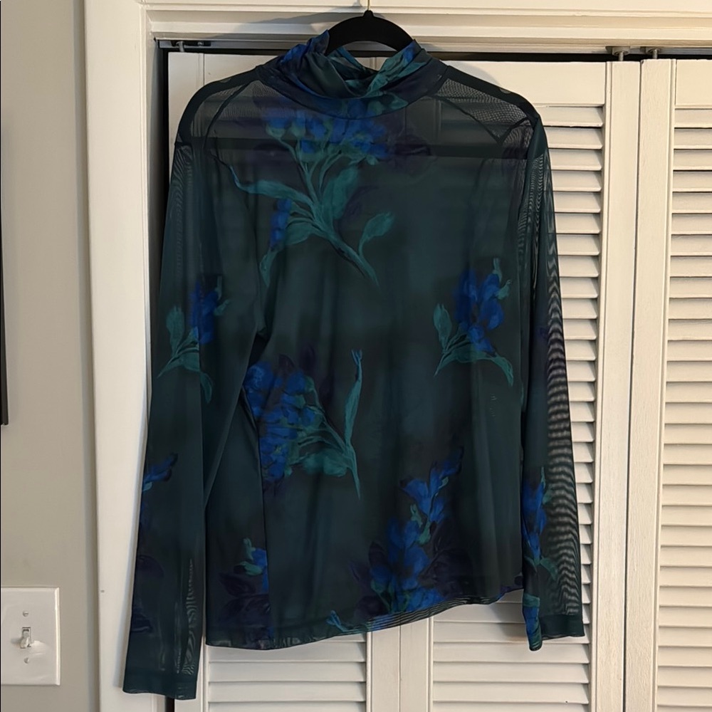 White House Black Market Blue Sheer Fitted Long Sleeve Blouse